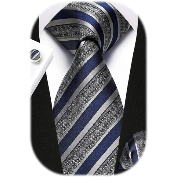 Mens Ties Stripe Tie and Pocket Square Set Classic Formal Woven Neckties - Picture 6 of 6